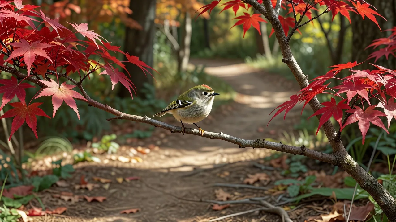 楓の小道にとまる野鳥