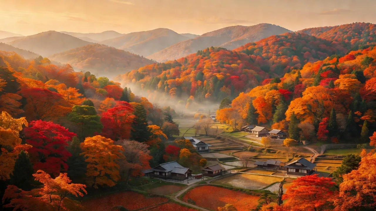 遠くに広がる山の紅葉の眺め