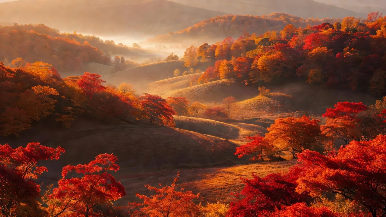 夕暮れの丘に広がる紅葉