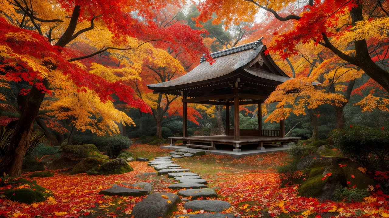 日本庭園と東屋、紅葉の景観