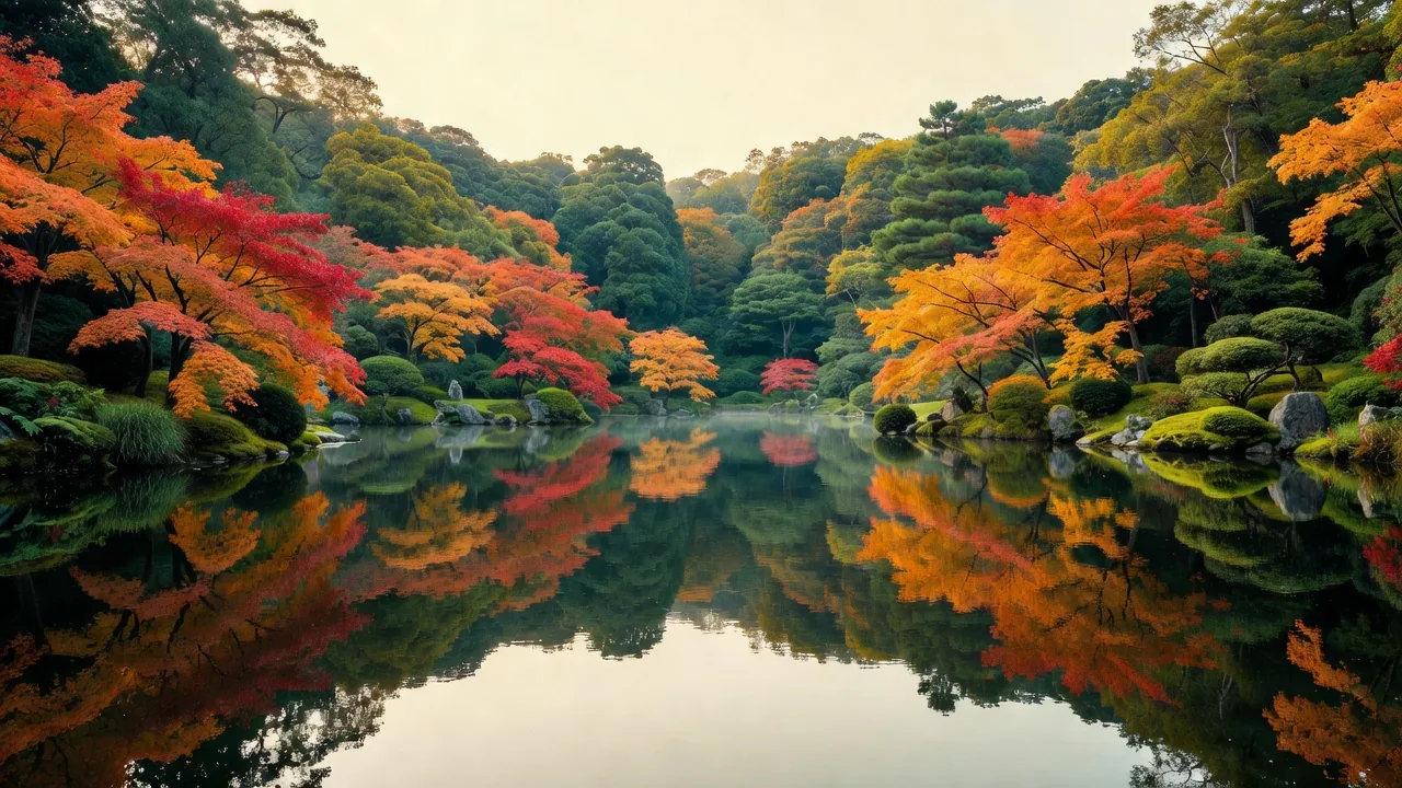 池の水面に映り込む紅葉