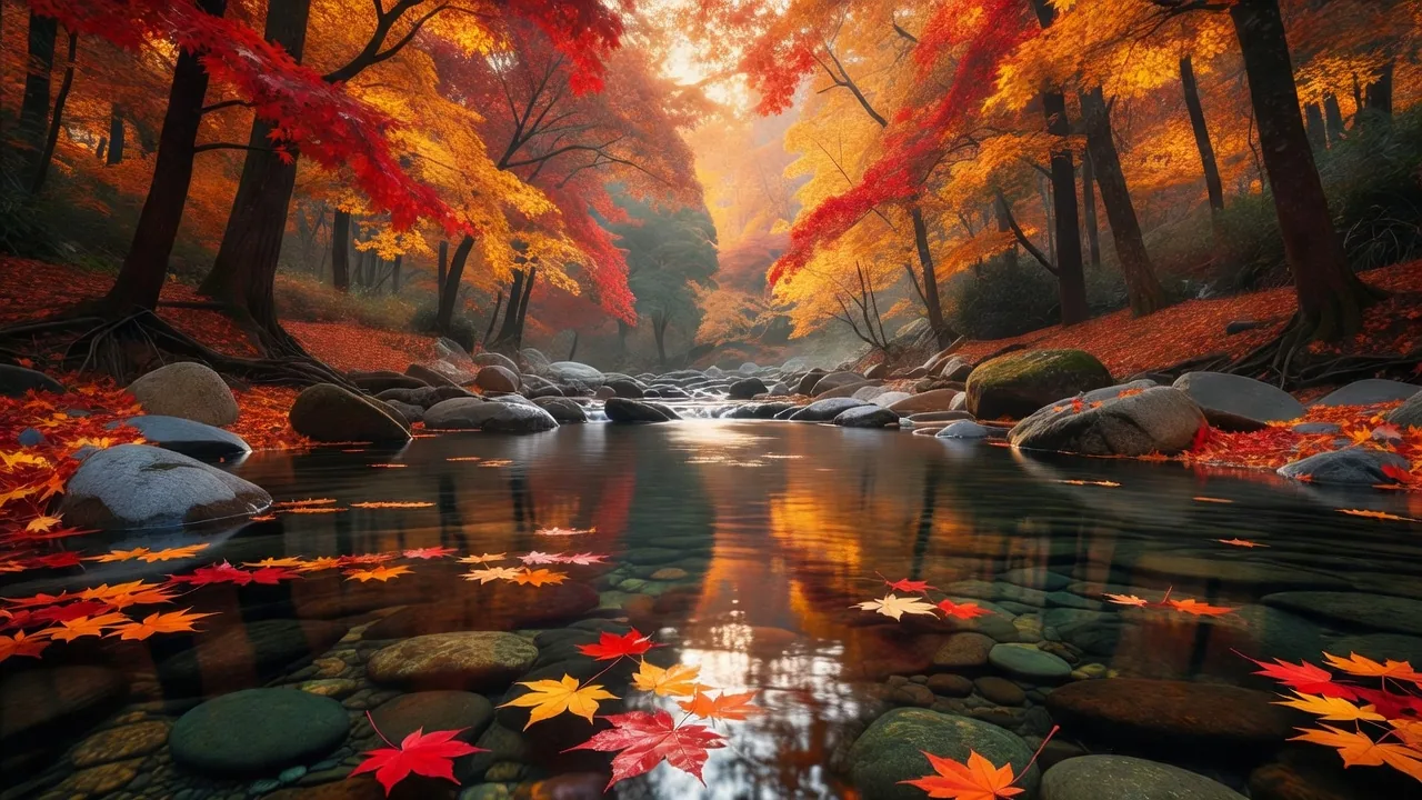 小道沿いの清流に浮かぶ紅葉の葉