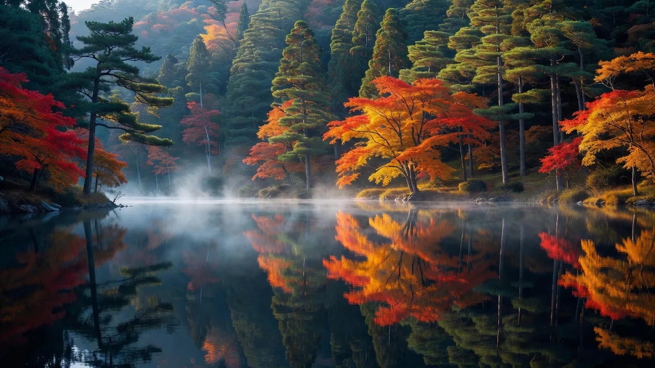 山あいの湖に映る紅葉の景色