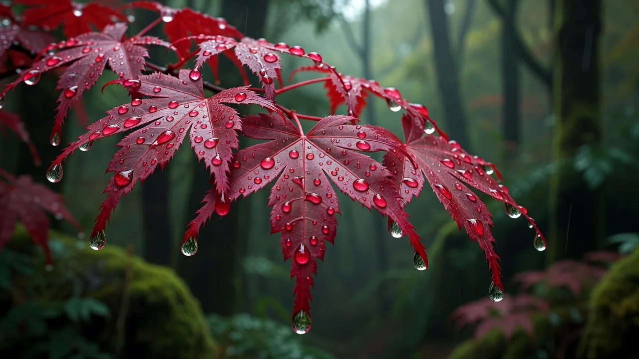雨に濡れた紅葉の葉と水滴