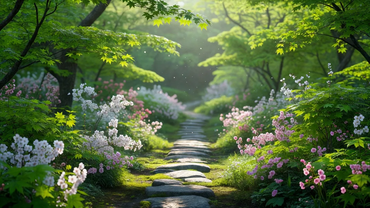 春の若葉と花が彩る小道