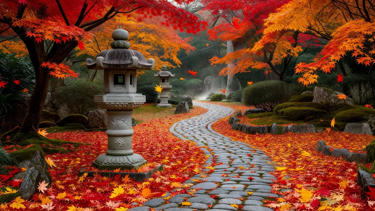 石灯籠が佇む紅葉の小道