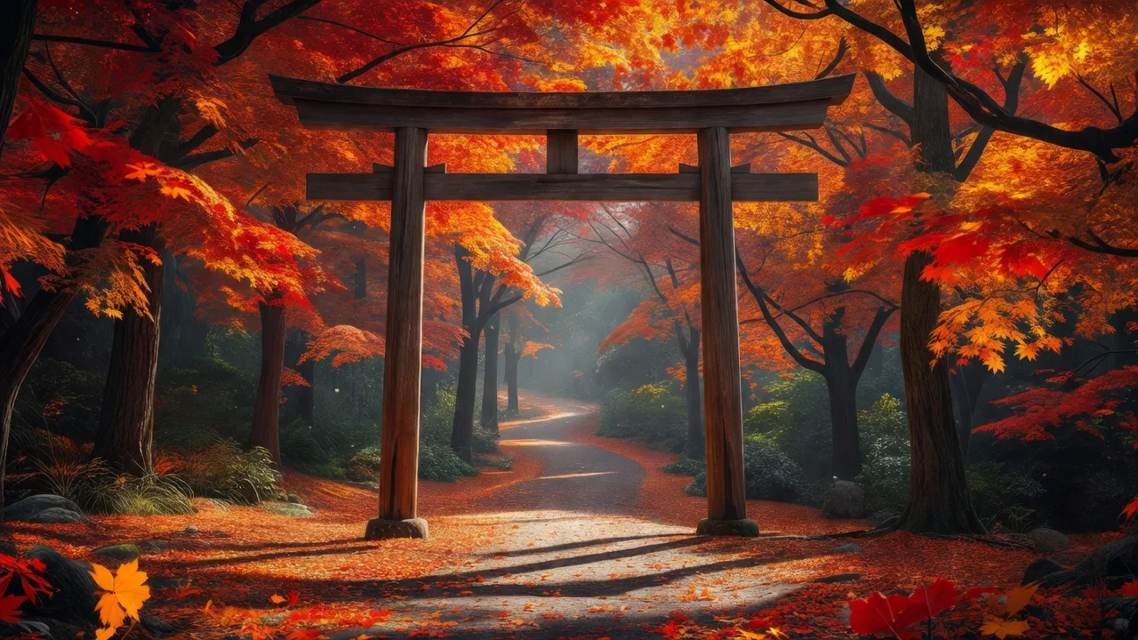 紅葉に囲まれた鳥居