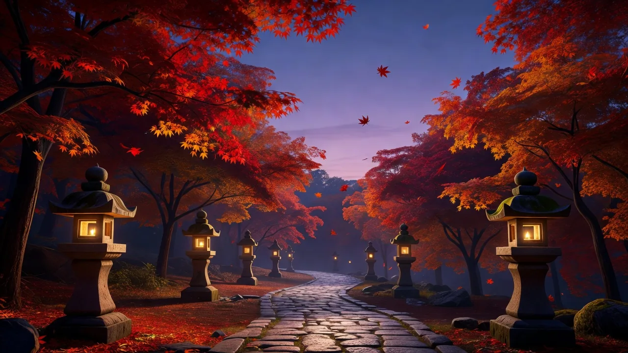 たそがれ時に灯る石灯籠と紅葉
