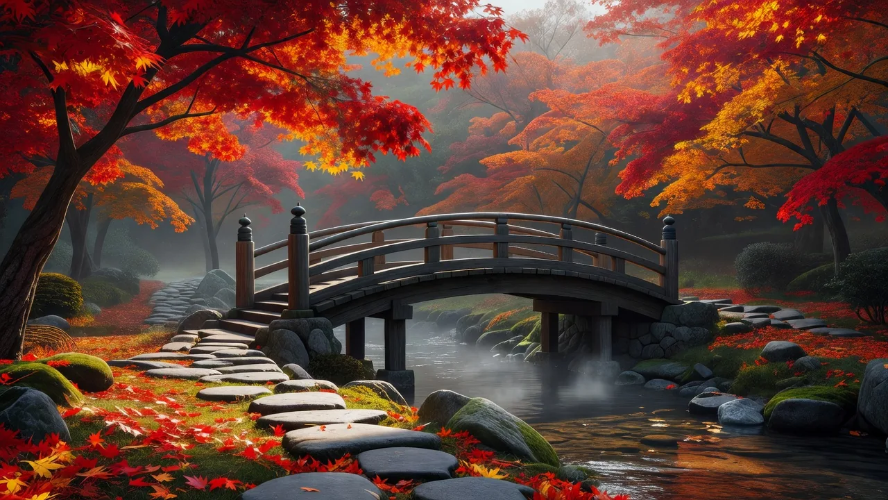 紅葉に囲まれた木製の橋