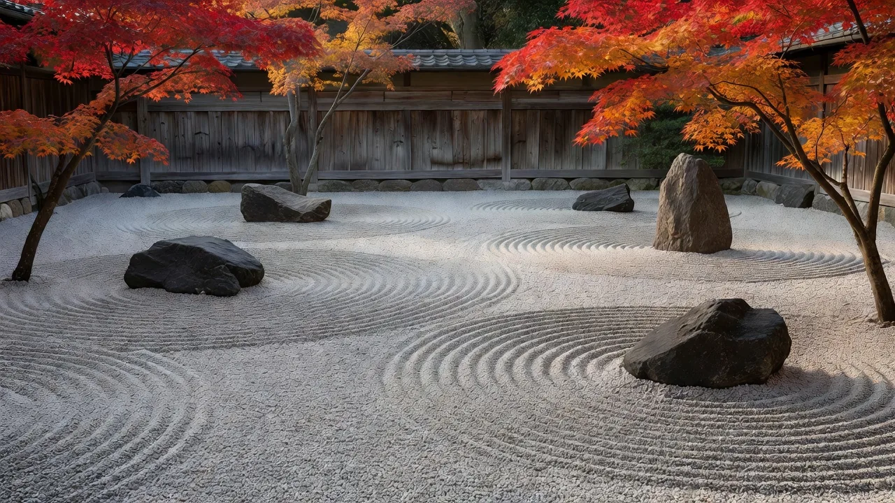 秋の彩りに包まれた枯山水庭園